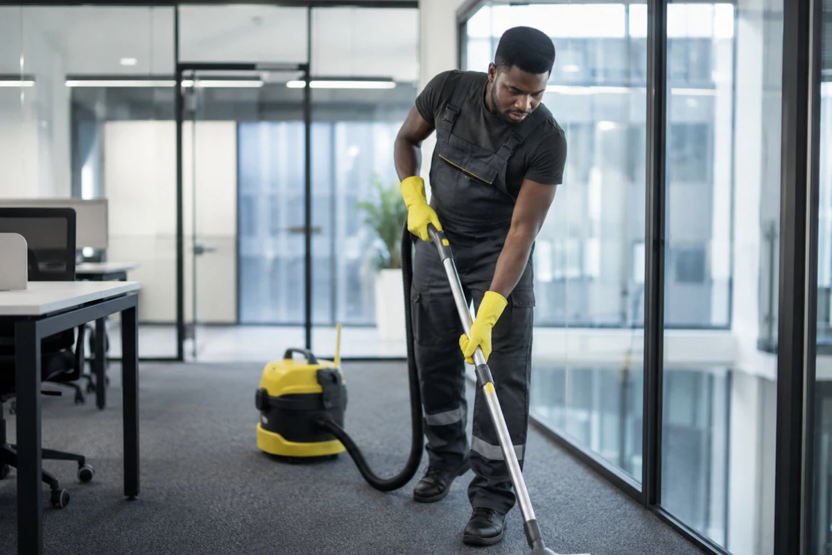 Technician in gloves cleaning a carpet