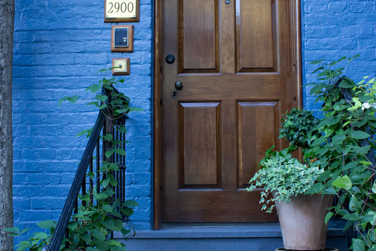 Wood entry door beside a potted plant