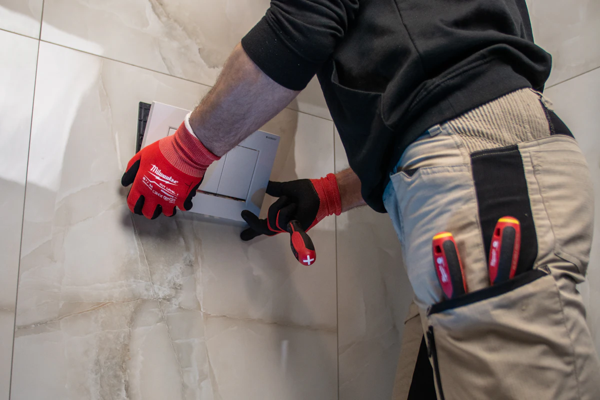 Plumber repairing a toilet