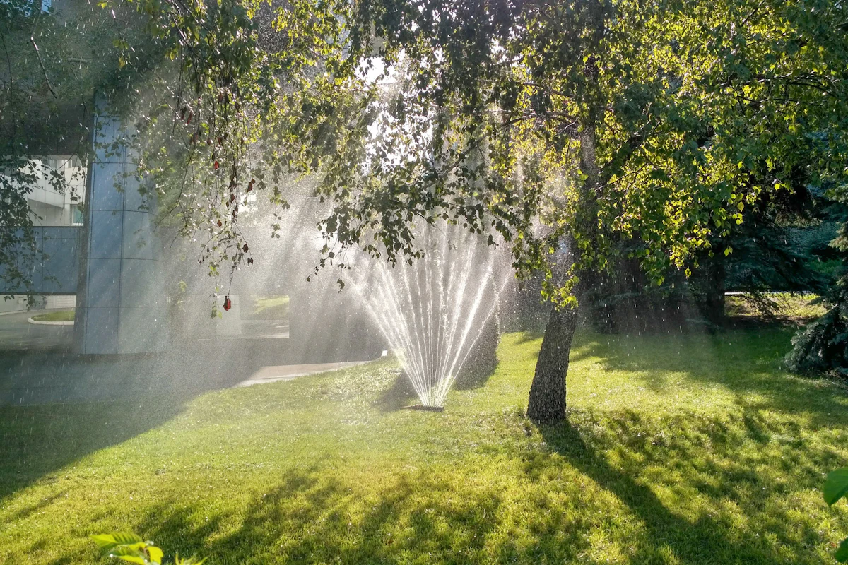 Sprinkler head spraying a green lawn